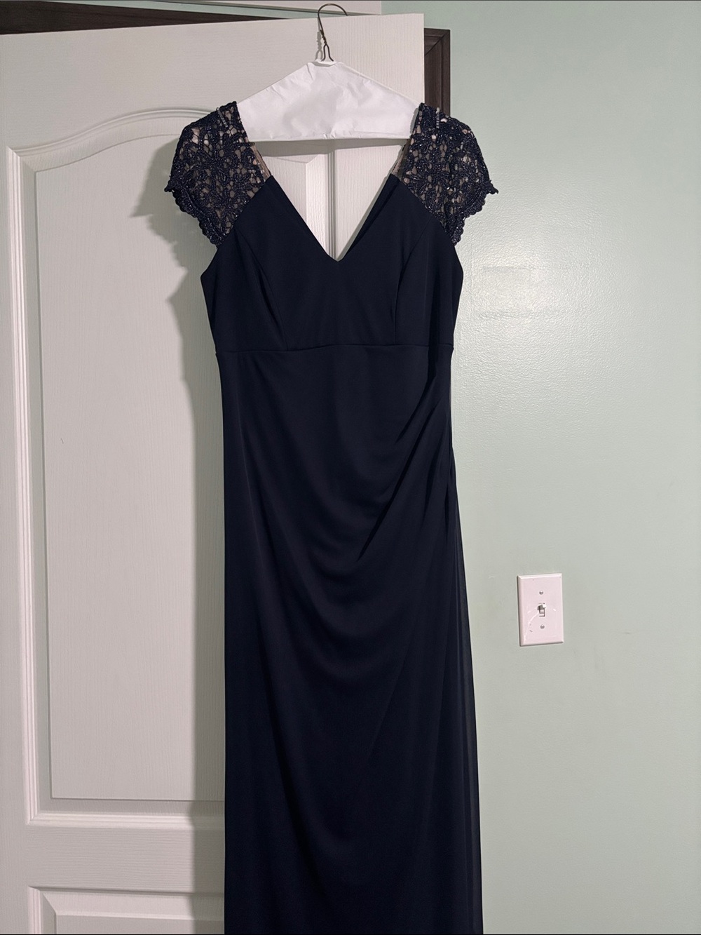 Xscape Black Maxi Dress with Lace Cap Sleeves